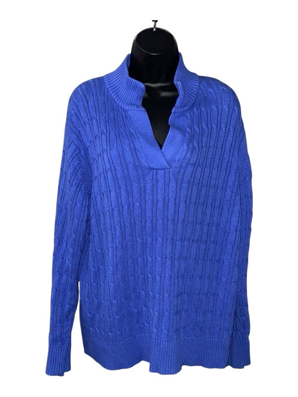 Liz Claiborne Cable Knit Ribbed Collard Sweater Bright Blue 100% Cotton Plus 3X